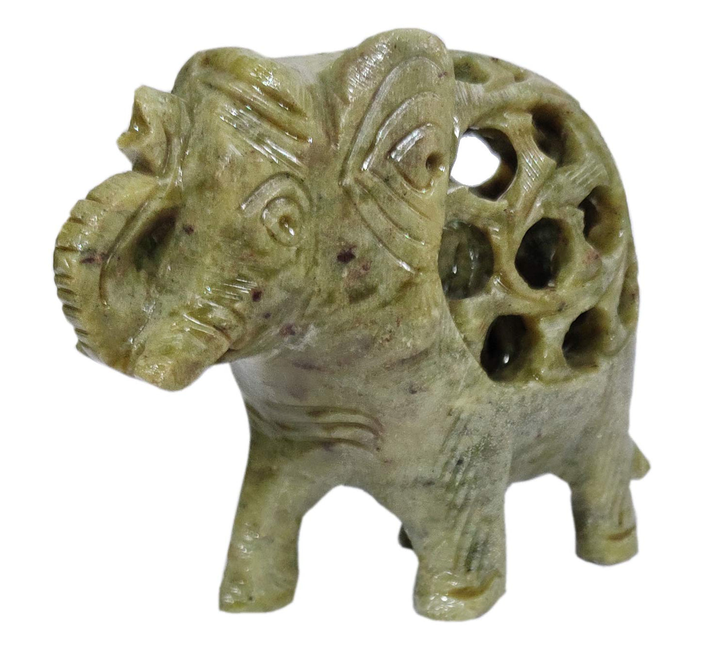 Purpledip Soapstone Statue Nested Elephants: Lattice Design Jaali Work Mesh Sculpture (11662)