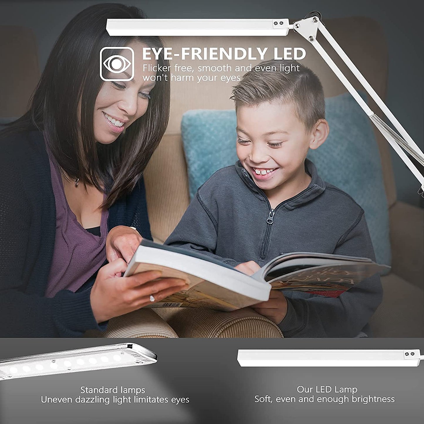 BZBRLZ LED Desk Lamp, Manicure Table Lamp, 16" Lamp Head, Dimmable Eye-Caring Drafting Light with 3 Color Modes, 10 Brightness Levels & Adapter, Memory Function(White)