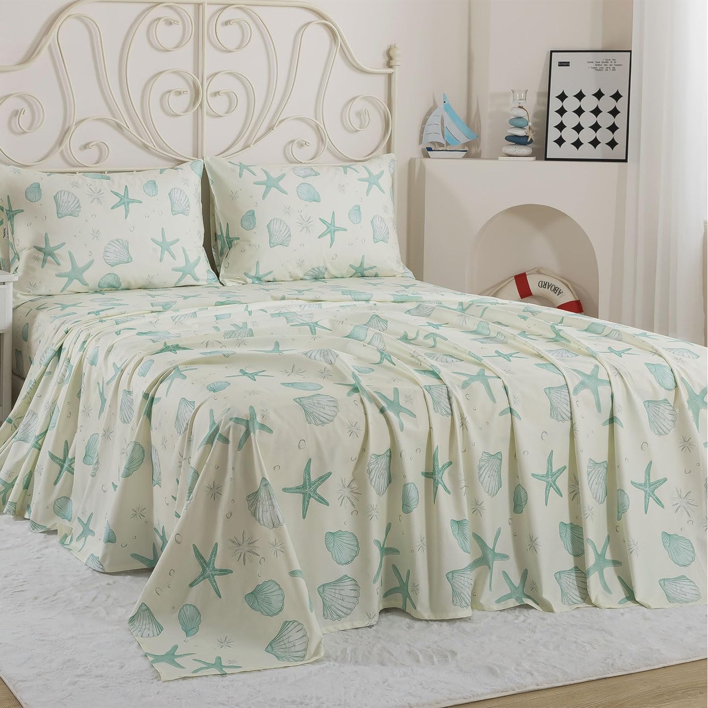 FADFAY 100% Cotton Coastal Sheet Set Queen – Ultra Soft Breathable Beach Bedding, Seafoam Green Starfish & Seashell Print, Ocean Themed Bed Sheets for Coastal Bedroom Decor, Deep Pocket, 4 Piece Set