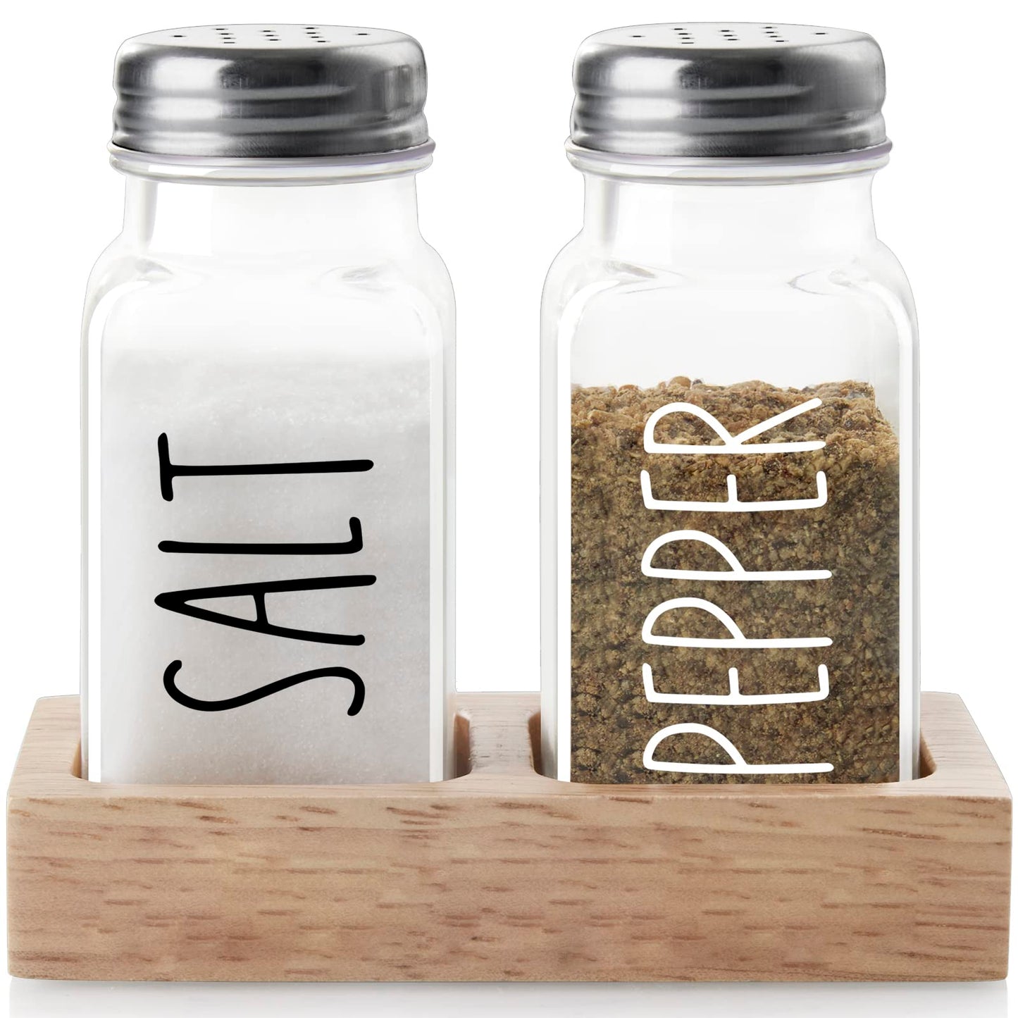 Glass Salt and Pepper Shakers with Holder - Dopeca Clear Salt and Pepper Set with Wood Caddy for Kitchen Counter or Table - Kitchen Decor and Accessories for Wedding Gifts - Easy Refilling-2.7 oz