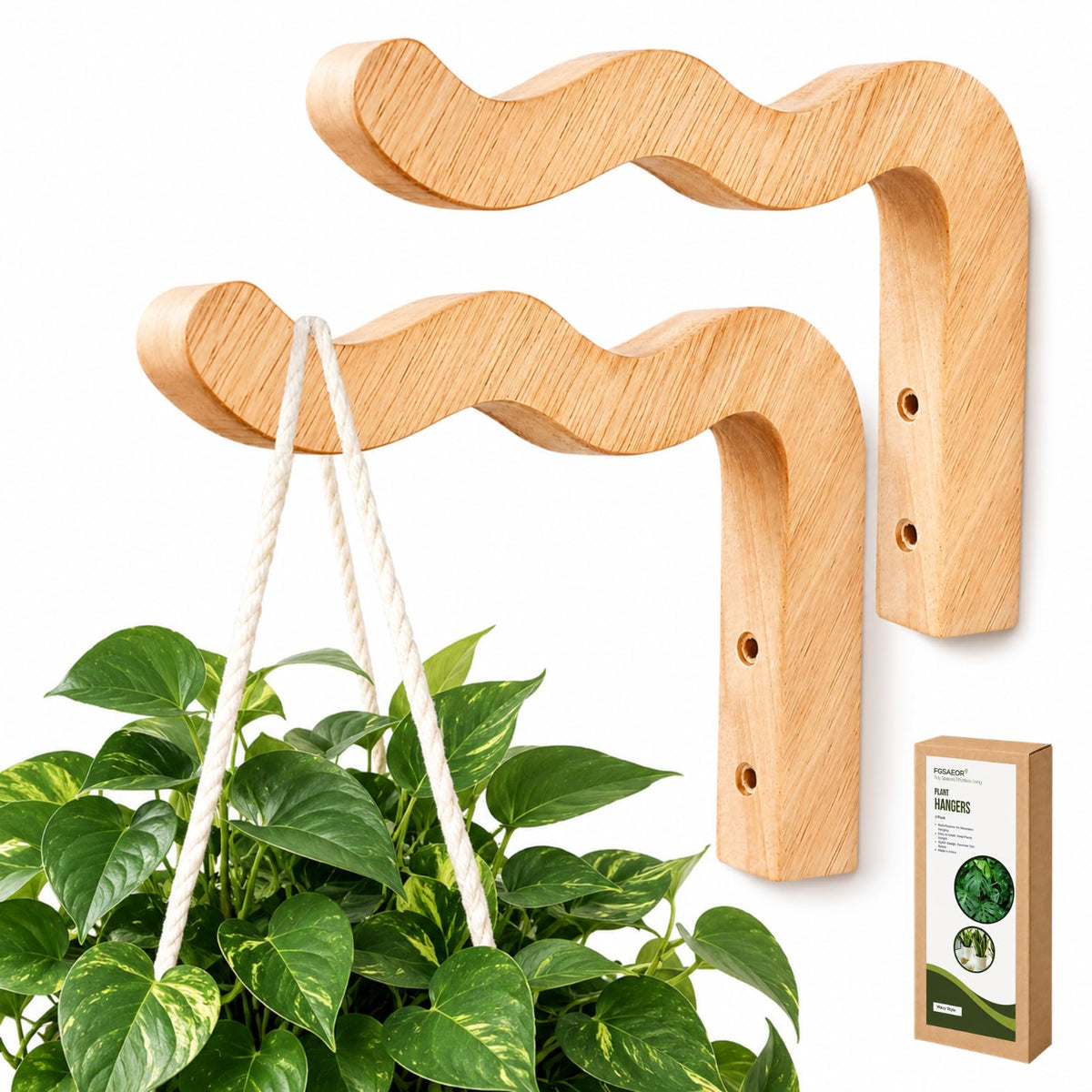 FGSAEOR Wavy Wooden Plant Hangers Wall Mount Hanging Plant Hooks 2 Pack