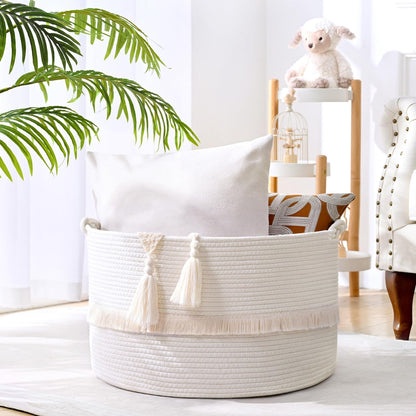 Degeyoyo 67L Large Blanket Basket, 20"x13" Woven Storage Baskets With Handle, Cotton Rope Blanket Basket Living Room, Baby Laundry hamper for Blanket, Nursery, Toy, Pillow (White)