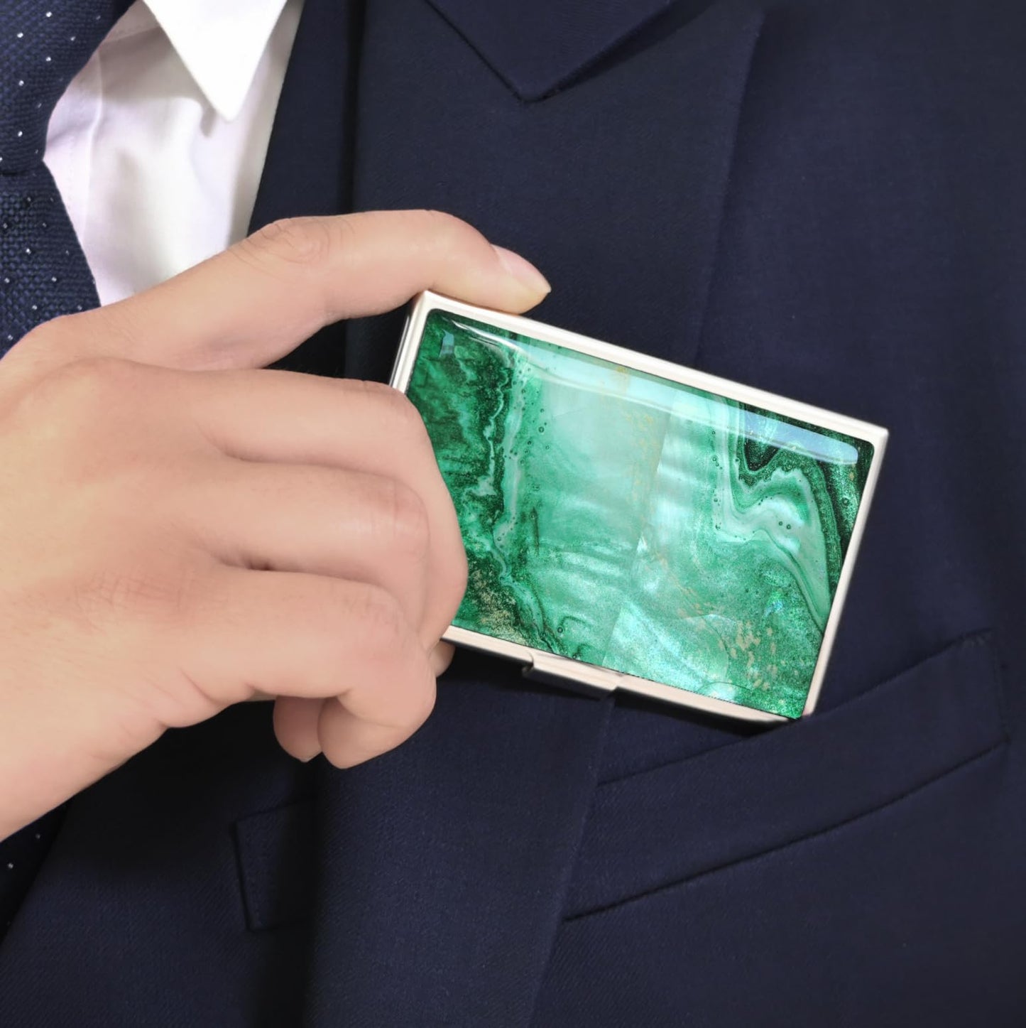 MADDesign Mother of Pearl Business Card Case Carrier Holder Wallet (Marble Green)