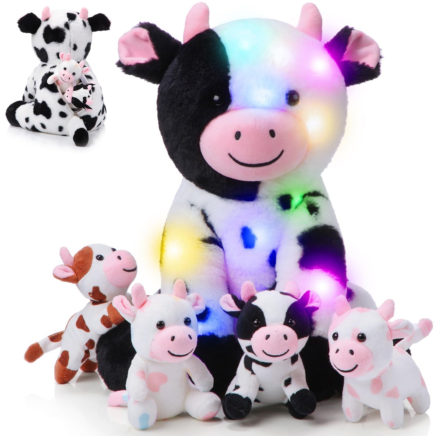 Sumind 5 Pcs Cow Stuffed Animal Set 13.78 Inch Mommy Cow Plush Toy with 4 Baby Cute Calf in Her Tummy Large Stuffed Animals with Babies Inside for Christmas Toddlers Girls(LED)