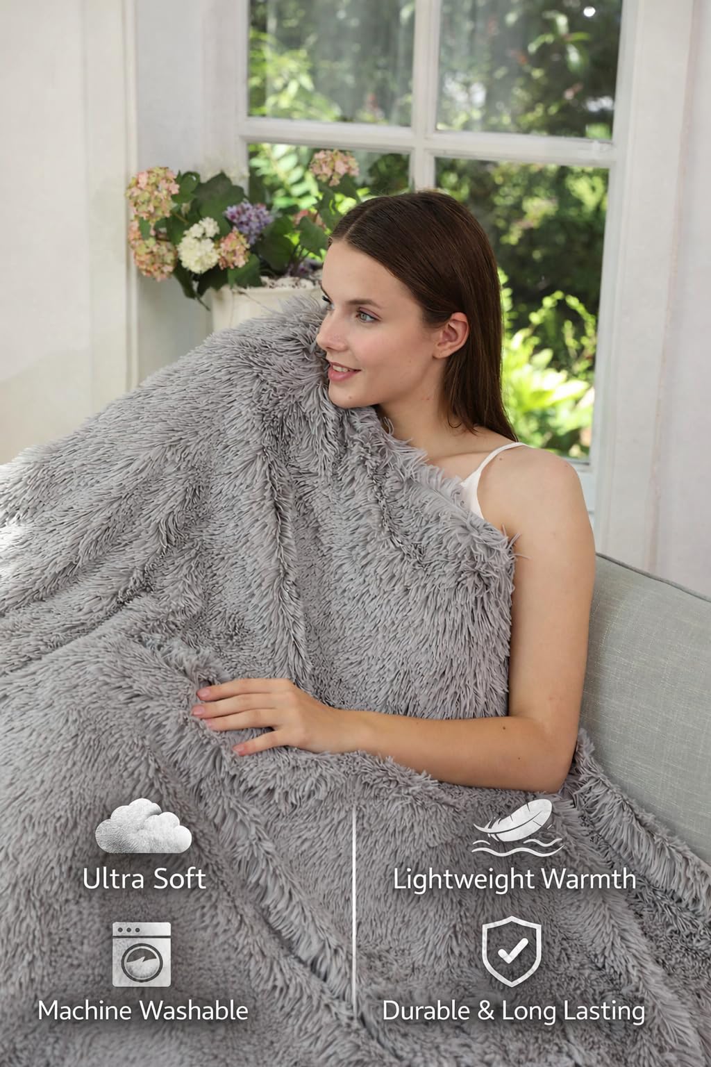Shaggy Faux Fur Throw Blanket 60" x 70" – Ultra Soft Fluffy Plush Blanket, Double-Sided Cozy Micromink, Lightweight Warm Blanket for Couch, Bed, Sofa, Machine Washable (Grey)