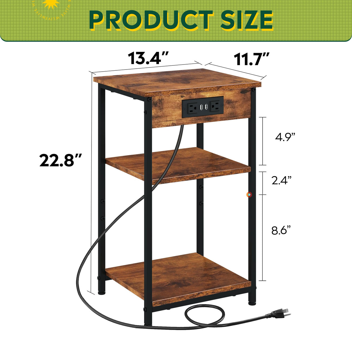 WLIVE End Table with Charging Station, Small Night Stand with Storage Adjustable Shelf, Side Tables for Small Spaces, Bedside Tables for Living Room, Bedroom, Rustic Brown