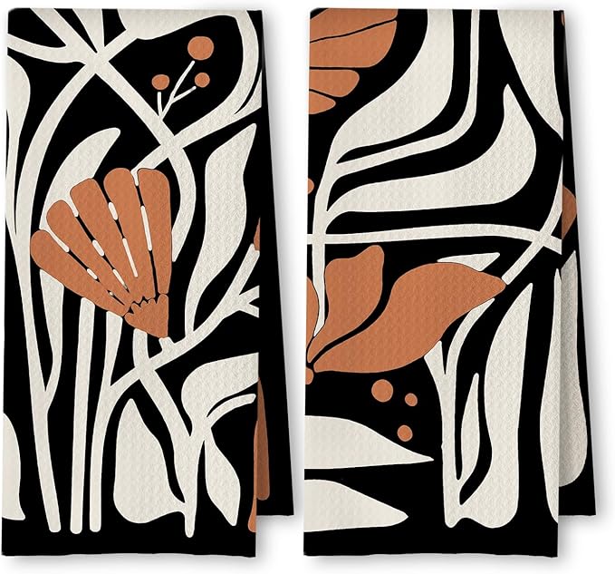 Abstract Boho Black and Beige Brown Floral Kitchen Towels Set of 2, 70s Retro