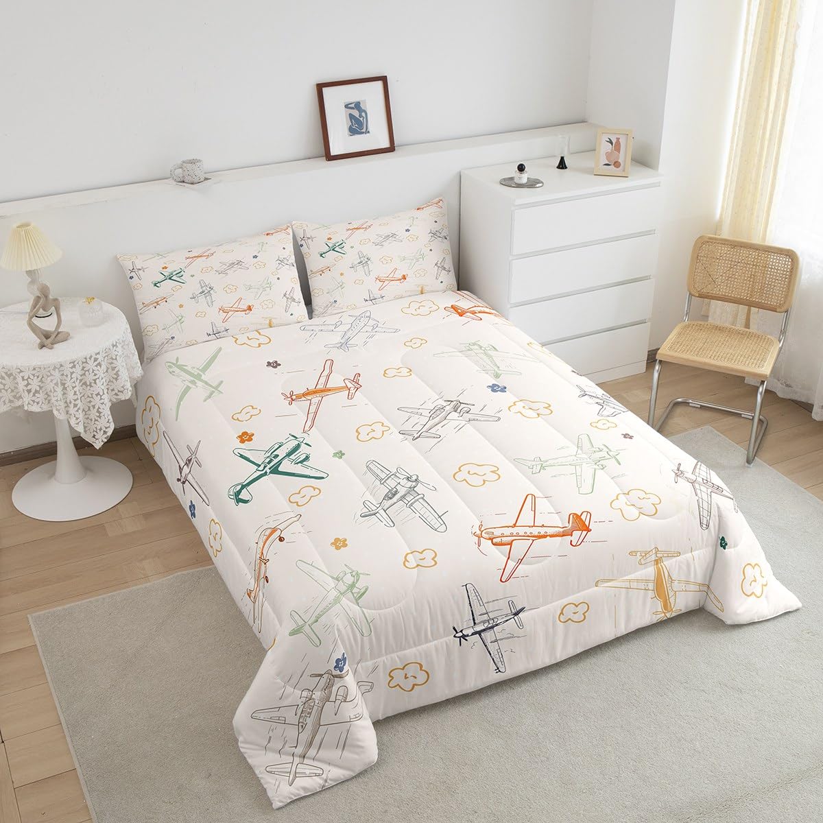 Castle Fairy Aircraft Bedding Set Kids Airplane Print Comforter Boys Girls Decor Aircraft Flying Theme Blanket Microfiber Sketch Style Khaki Yellow Duvet Set Bedroom Twin Size with 1 Pillow Case