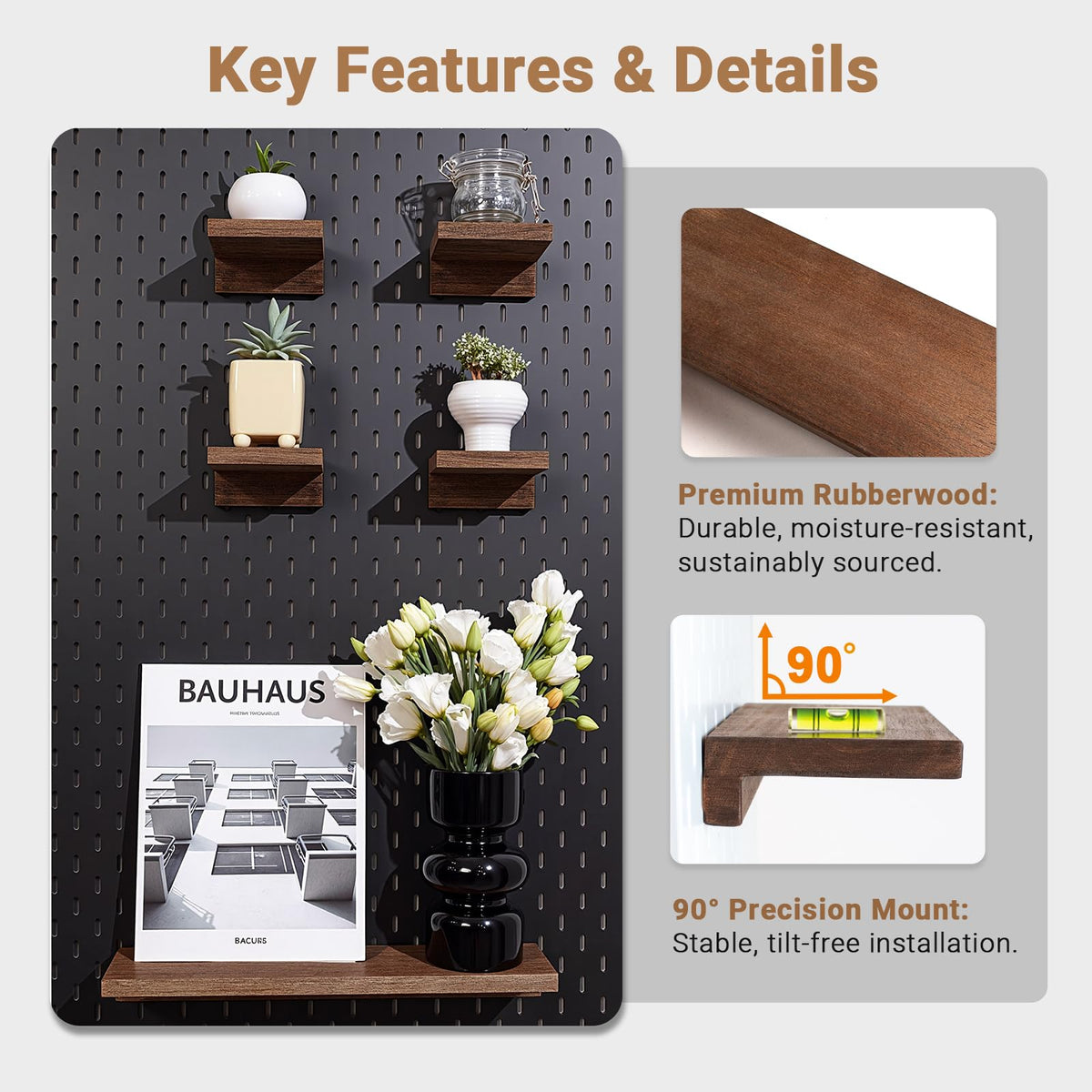 SEMPOMA Pegboard Shelf Set Compatible with IKEA Skadis Pegboard - Walnut Finish Wood Shelves, 4-Pack No Assembly Pegboard Wall Organizers