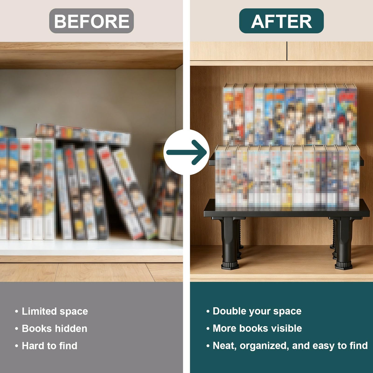 AceOrbit 14.57 x 5.12 x 5.31-8.66 in Adjustable Height, 2 Pack Bookshelf Risers, Wooden Book Shelf Riser for Manga, Comics, Books, Figures, Collectibles, DVDs and CDs, Black