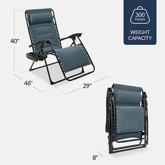 Best Choice Products Oversized Padded Zero Gravity Chair, Folding Outdoor Patio Recliner, XL Anti Gravity Lounger for Backyard w/Headrest, Cup Holder, Side Tray, Polyester Mesh - Slate Blue