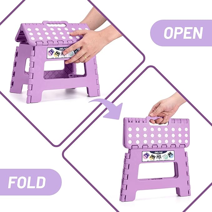 Delxo 9 inch Folding Step Stool, Non-Slip Foldable Small Stools Up to 300 LBS, Kids Step Stool with Handle Lightweight for Kitchen, Bathroom, Bedroom, Garden, Light Purple, 1PC