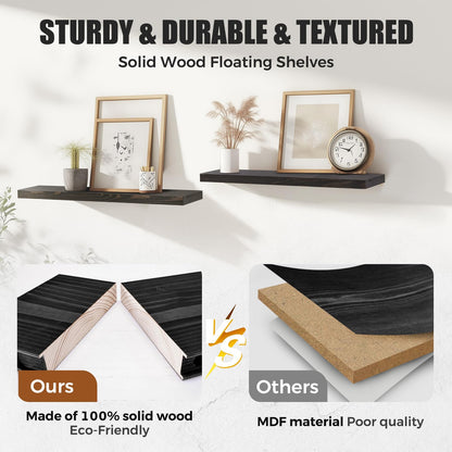ABSWHLM 24"x6.8"x1.2" Solid Wood Floating Shelves 2-Pack - Rustic Black Finish with Hidden Brackets, Perfect for Storage and Décor in Living Room, Kitchen, Bedroom