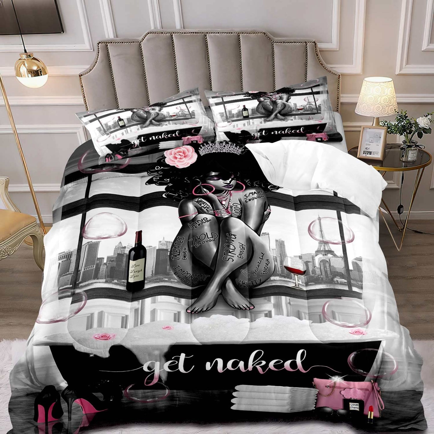 LUVIVIHOME 3PCS African American Black Girl Comforter Set, King Size Comforter Set, Bag High Heels Inspirational Quotes Black and White Bedding Quilt, Pink Bedroom Decor for Women, 2 Pillow Shams