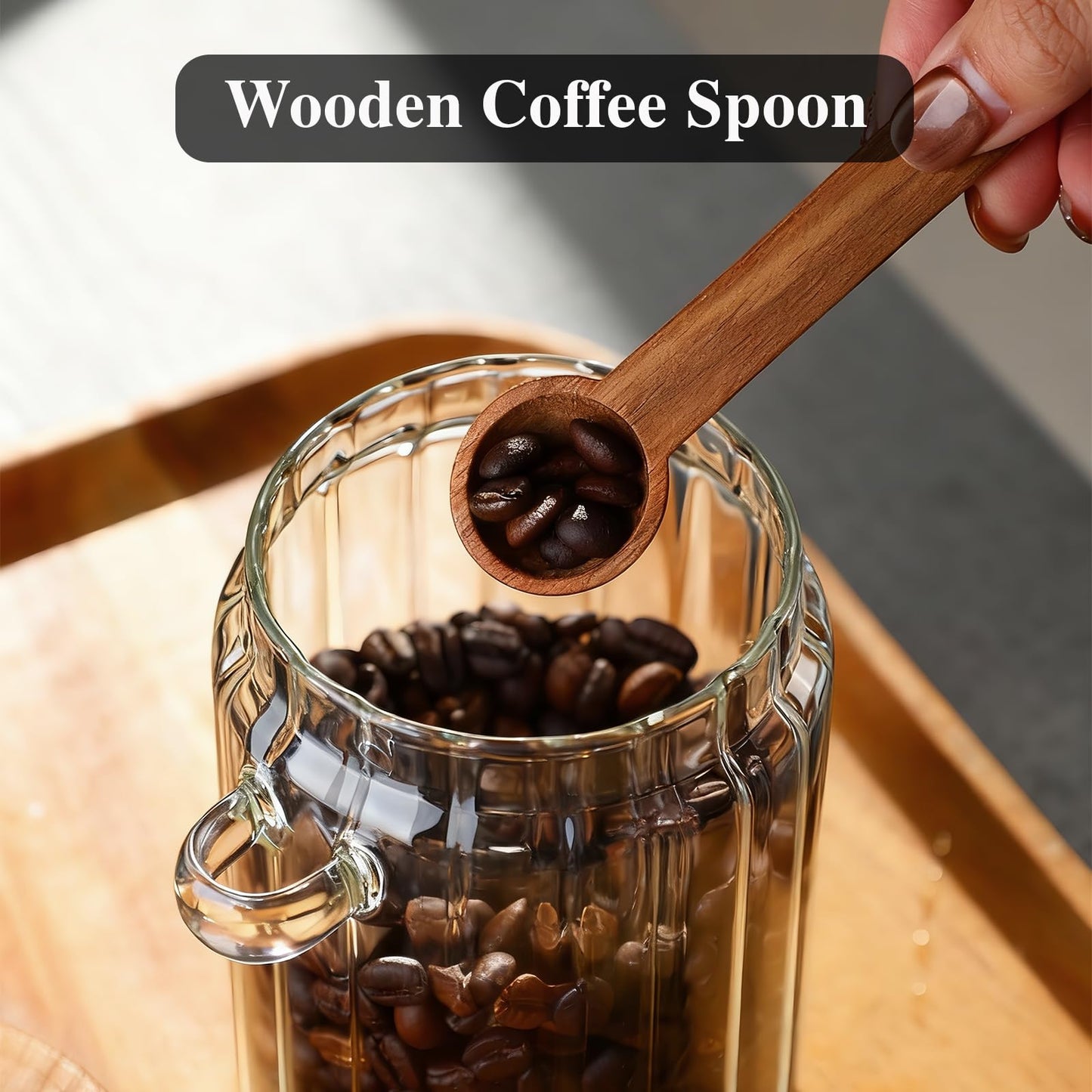 TIWPAJS Coffee Canister, Coffee Container with Wooden Spoon and Lid, Ribbed Design, Airtight Storage Jar for Coffee Beans/Coffee Grounds/Sugar/Salt/Loose Leaf Tea, 20 Oz