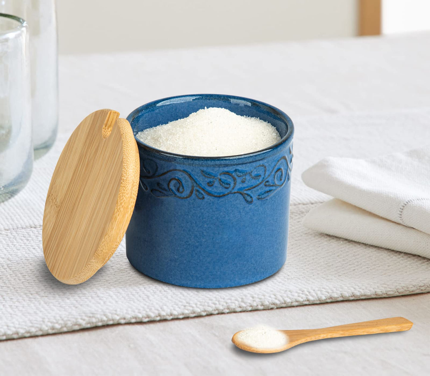 dgudgu Sugar Bowl With Lid And Spoon Blue Ceramic Jar Sugar Cube Container Sugar Dish With Lid And Spoon Sugar Cube Holder