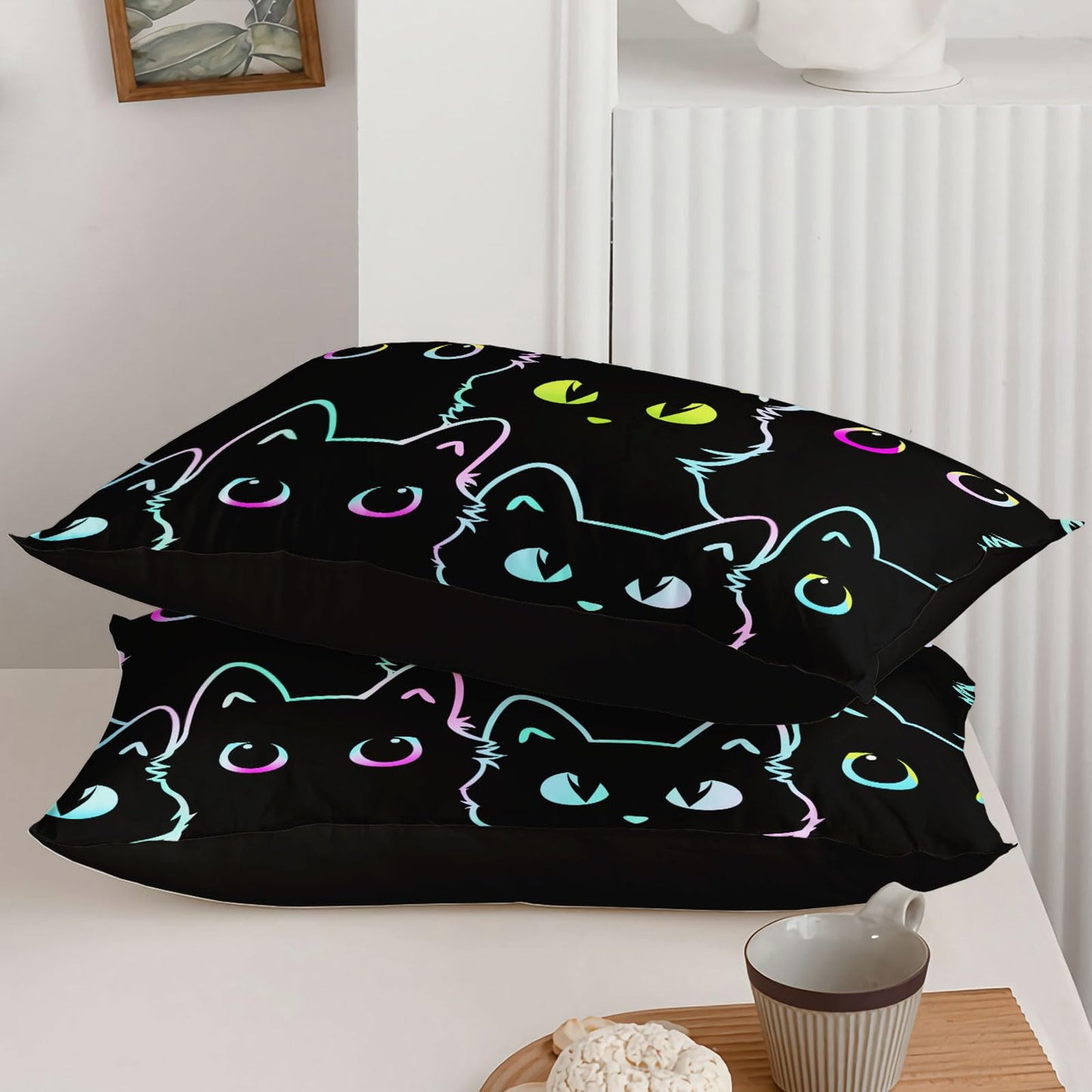 Axolotl Kids Bedding Cute Cat Sheet Set Twin Size, Gradient Line, 4Pcs Kawaii Cat Bed Sets with 1 Fitted Sheet 1 Flat Sheet 2 Pillowcases for Kids Boys Girls Adults Teens, Black