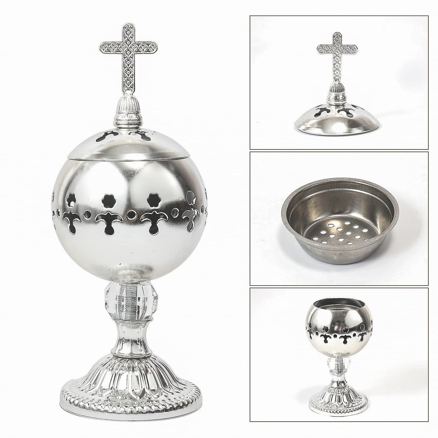 Nazareth Store Silver Charcoal Incense Burner Catholic Cross Censer Brass Plated Distiller for Church and Home