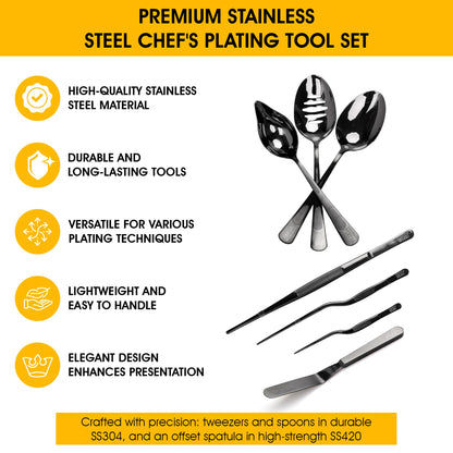 7 Pc Black Plating Tools Culinary Set (Professional Chef Utensils)| Chef Kit with 3 Plating Spoons, 3 Chef Plating Tweezers, Offset Spatula. Bundled with Zester Tool Set and Silicon Basting Brush