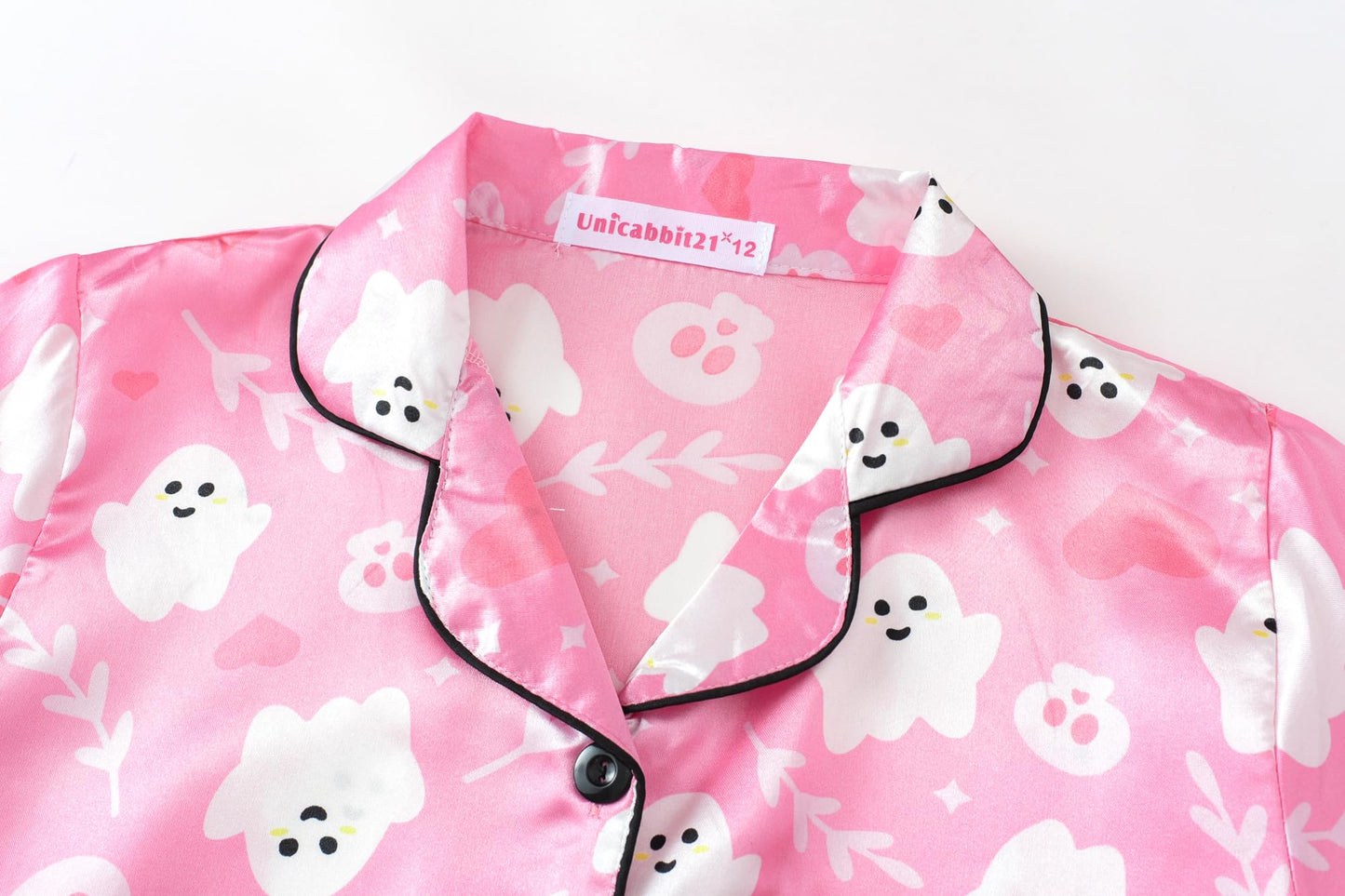 UNICABBIT21 Pink Ghosts Halloween Satin Pajamas for Big Girls Unisex Kids Silk Button Down Long Sleeve & Pants PJS 2PCS Size 10