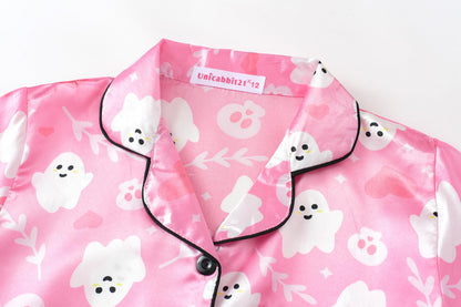 UNICABBIT21 Pink Ghosts Halloween Satin Pajamas for Big Girls Unisex Kids Silk Button Down Long Sleeve & Pants PJS 2PCS Size 10