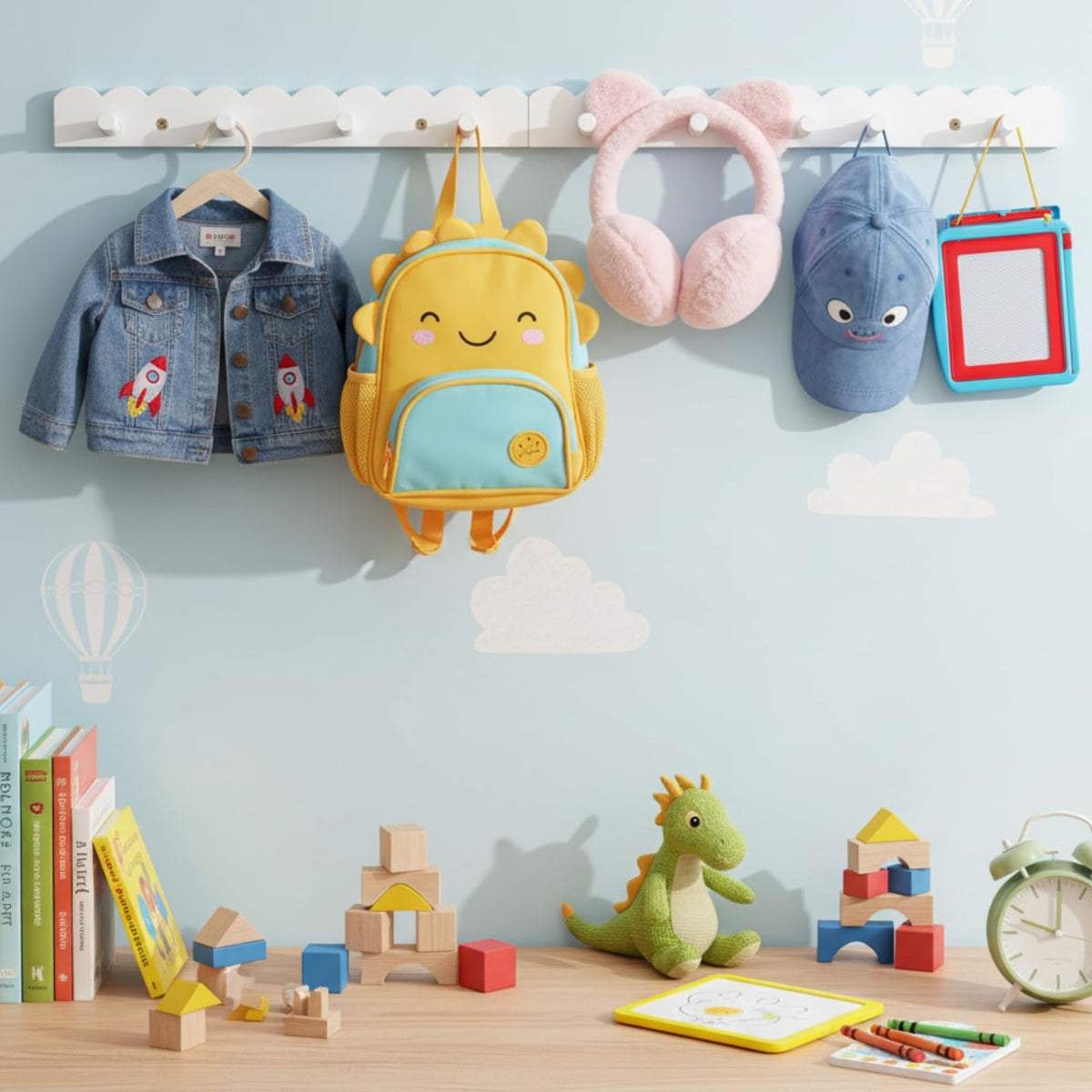 Leinuosen 2 Pack Scalloped Coat Rack Wall Mount Cute Nursery Wall Hook 16 Inch 8 Hooks Wood Backpack Hanger for Toddler Kids Clothes Hat Towel Keys Bathroom Classroom Playroom Nursery Decor