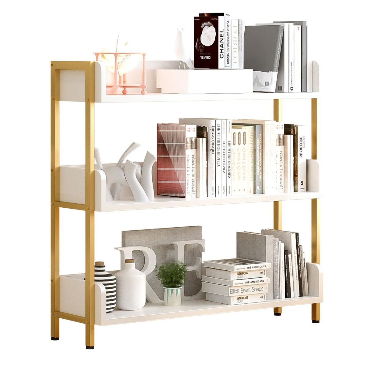 OSCHF Wide Open Shelf Bookcase - Modern 3-Tier Floor Standing Display Bookshelf with Three-Side Panels for Home and Office, Storage Shelving in Warm White with Gold Frame