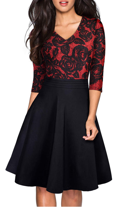 HOMEYEE Women's Chic V-Neck Lace Patchwork Flare Party Dress A062 (4, Red+Black Fabric B)