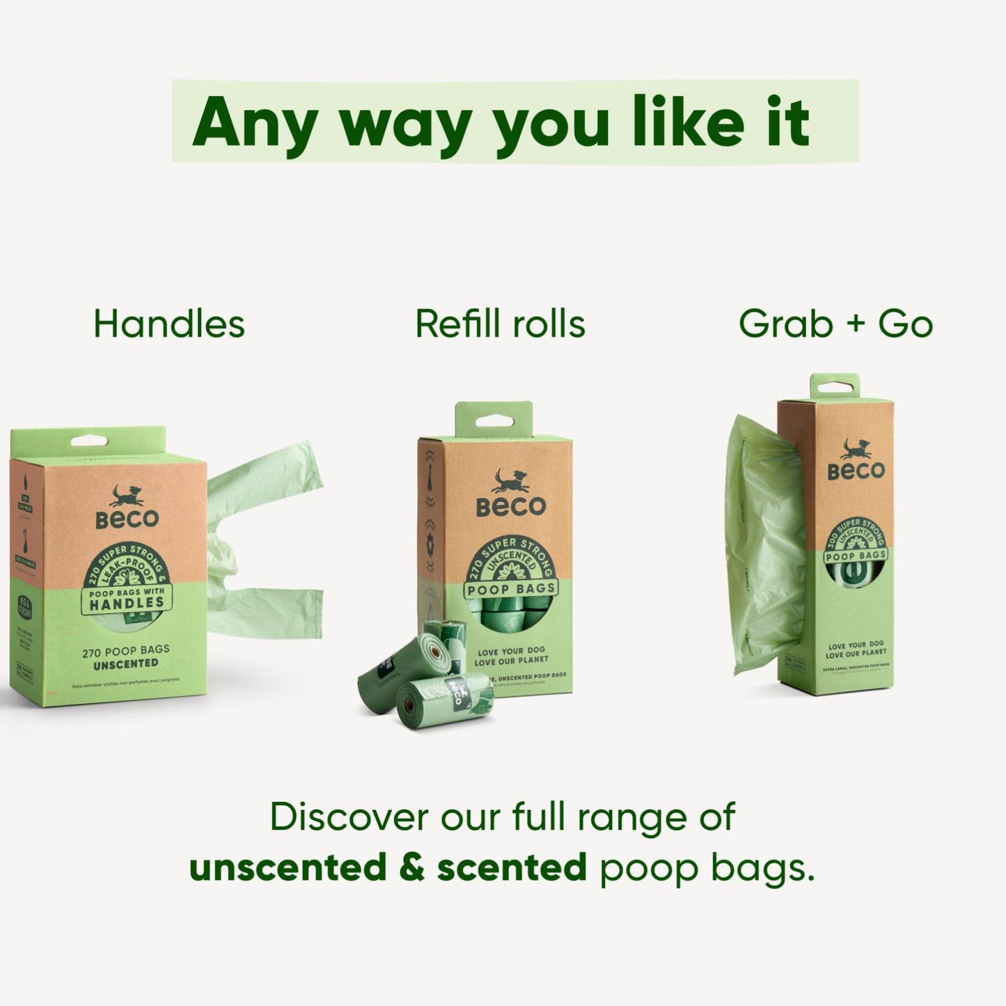 Beco Dog Poop Bags Rolls - Strong & Large - 120 Bags (8 Rolls of 15) Unscented, Dispenser Compatible for Dog Waste