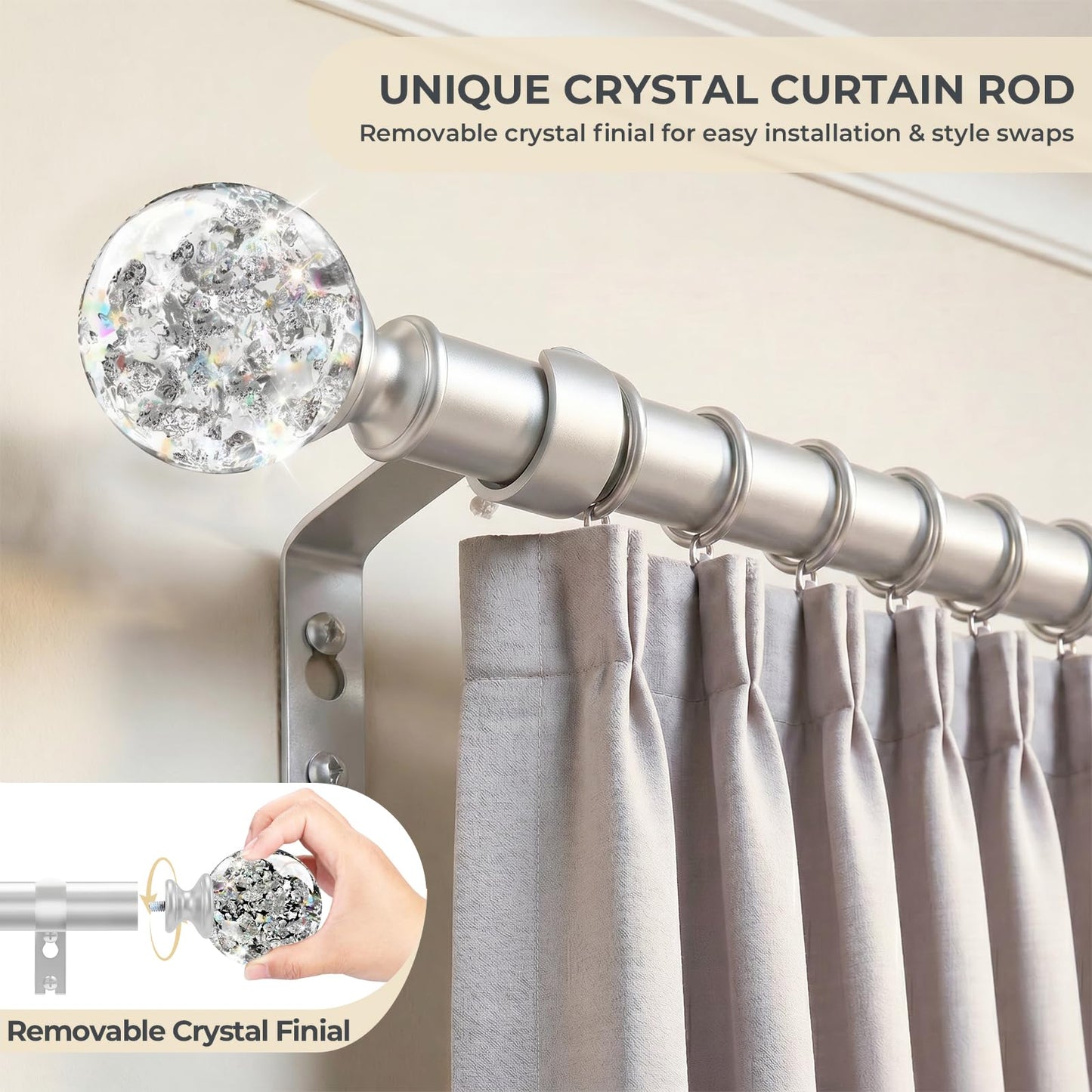 TVWOO Silver Decorative Crystal Curtain Rods:36-88 Inch Heavy Duty Adjustable Window Curtains Rods for Bedroom Living Room,Nickel Modern Girly Acrylic Drapery Rods Set with Sheer Bling Foil Finials