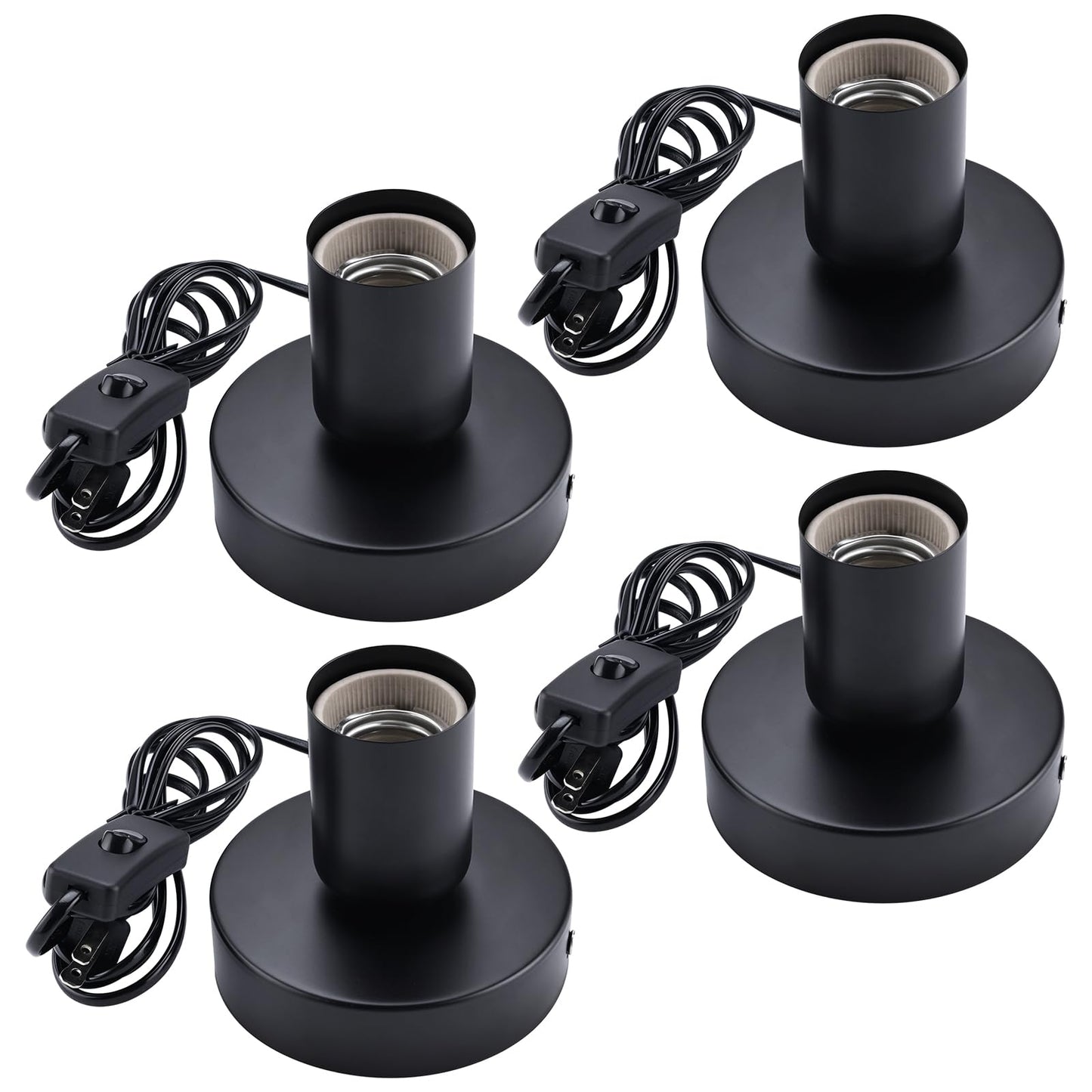 Patioer 4-Pack Metal Desktop Lamp Base, E26 E27 Screw Light Bulb Holder with 5.5 Feet Cord On/Off Switch & Plug, Polished Black Finish