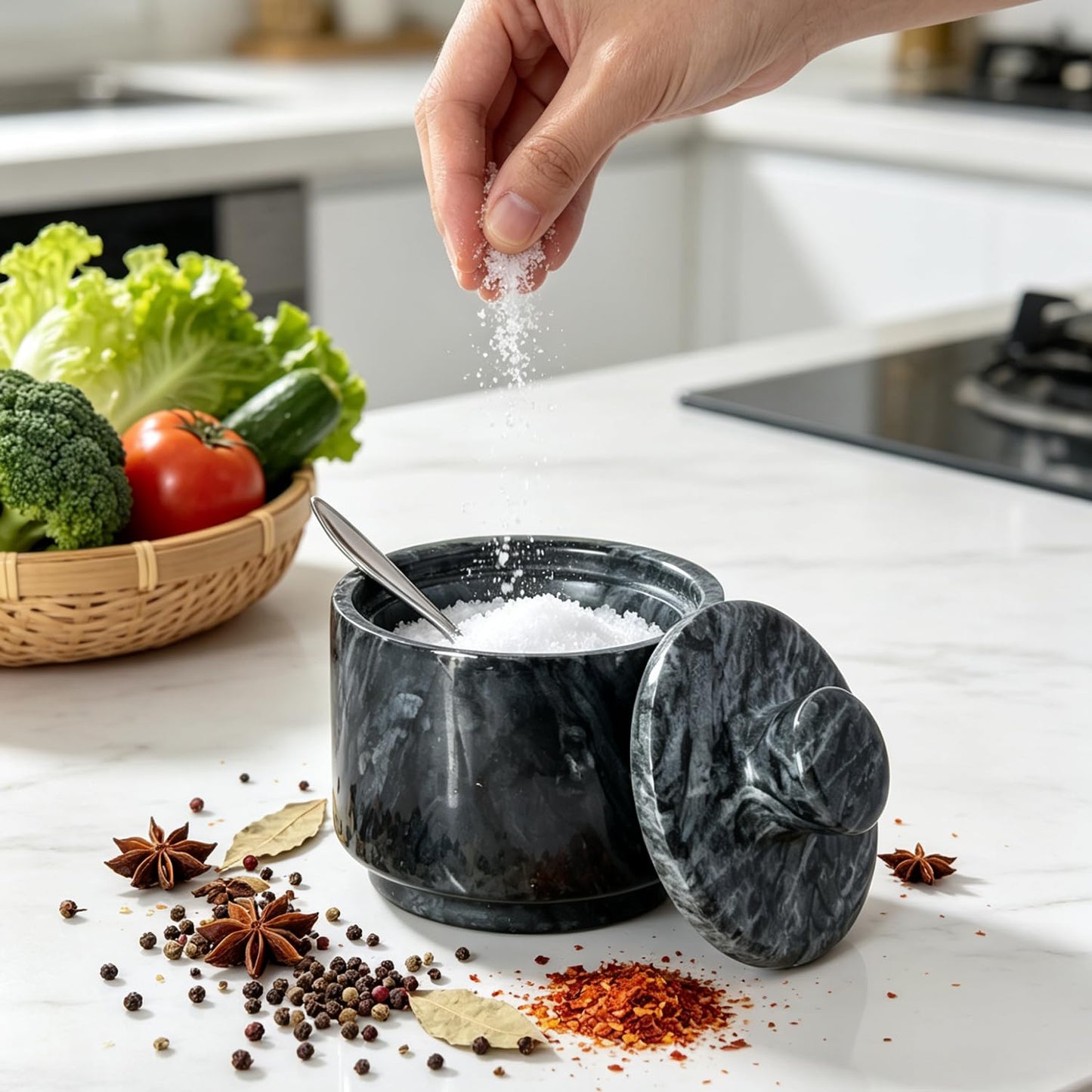 Aturalux Marble Salt Cellar with Lid & Spoon, 3" Black Salt Container for Countertop, Spice Jar, Stone Storage Box for Kitchen and Bathroom