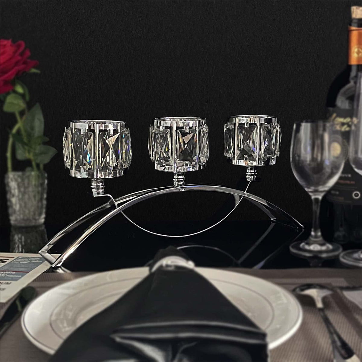 KEHAIL 3 Arms Crystal Candle Holders, Arch Candlestick Table Candelabras Centerpieces for Wedding, Dinning Room, Cabinet Ornaments, Home Decoration， Gift (3-arm Arched, Silver)