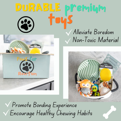 Paws For Reaction New Puppy Gift Basket - Premium Puppy Starter Kit and Dog Gift Basket with Dog Toys - Perfect Doggie Birthday Gifts and Puppy Necessities with Pet Toy Basket.