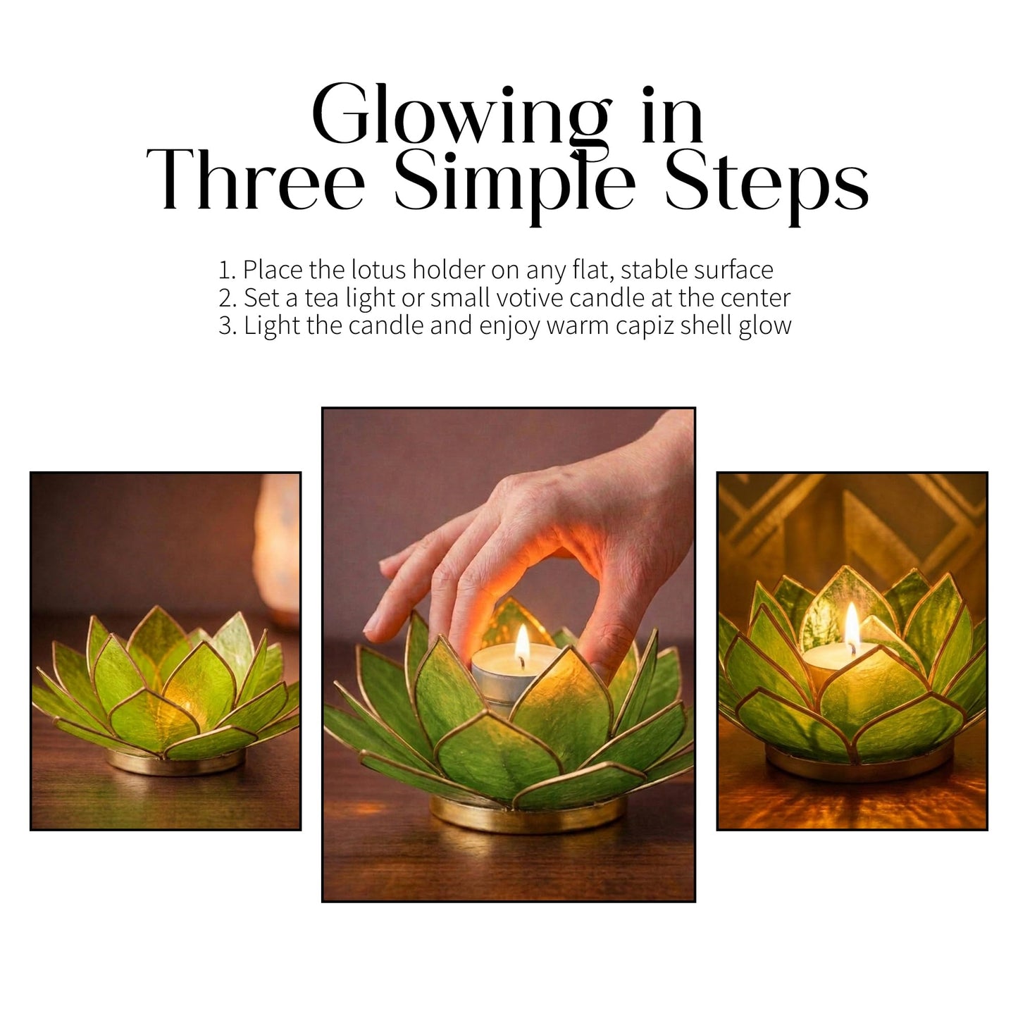 Om Gallery Gemstone Lotus Tealight Holder - Handcrafted Capiz Shell Design for Soft Glow, Elegant Home & Table Decor, Wedding Centerpieces, Votive Candle Styling, and Thoughtful Gifting - Peridot