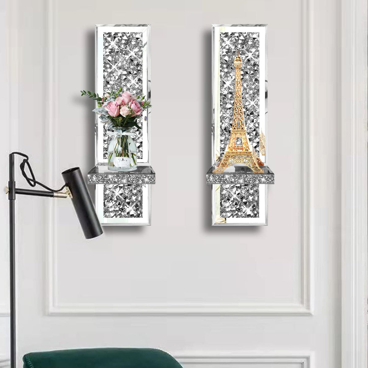 ZOLAPI Set of 2 Crystal Crush Diamond Candle Sconces, Gorgeous Silver Mirrored Wall Sconce, Candle Holder Glass Wall Decorations for Home Décor, Living Room, Dining Room.