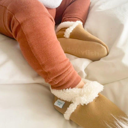 Dotty Fish Baby & Kids Suede Barefoot Slippers – Boys & Girls, 5 Styles, Non-Slip Soft Soles, Warm Fleece-Lined House Shoes, Elasticated Ankles, Podiatry Approved – Light Brown Tan 18-24 Months
