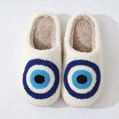 Qubuwalk Happy Smile Face Slippers Evil Eyes Cozy House Slippers for Women Soft Plush Slip-On Slippers Indoor Outdoor