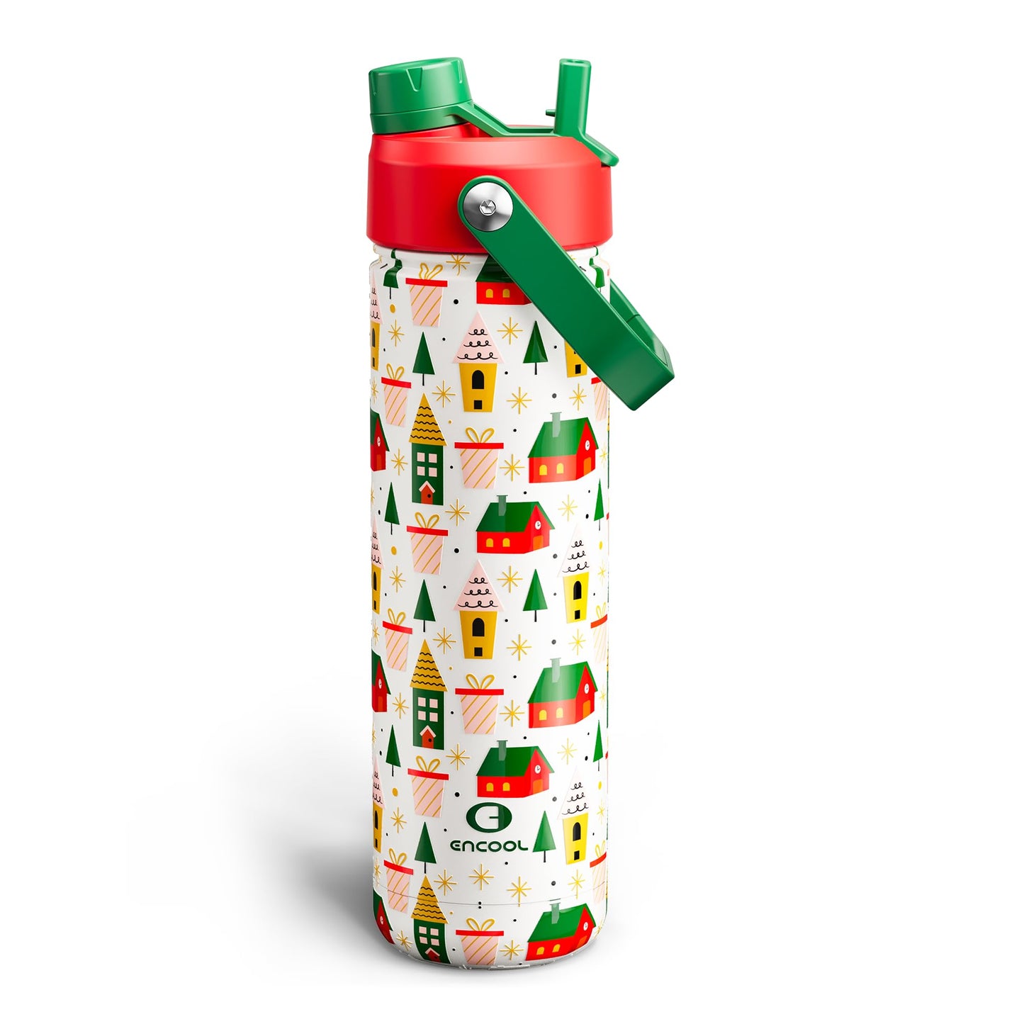 ENCOOL Christmas Insulated Water Bottle with Straw, Stainless Steel Water Bottle, Leak Proof BPA-Free, Keeps Cold for 24 Hours for Sports, Christmas Holiday Gifts for Women, 26 oz, Holiday Home