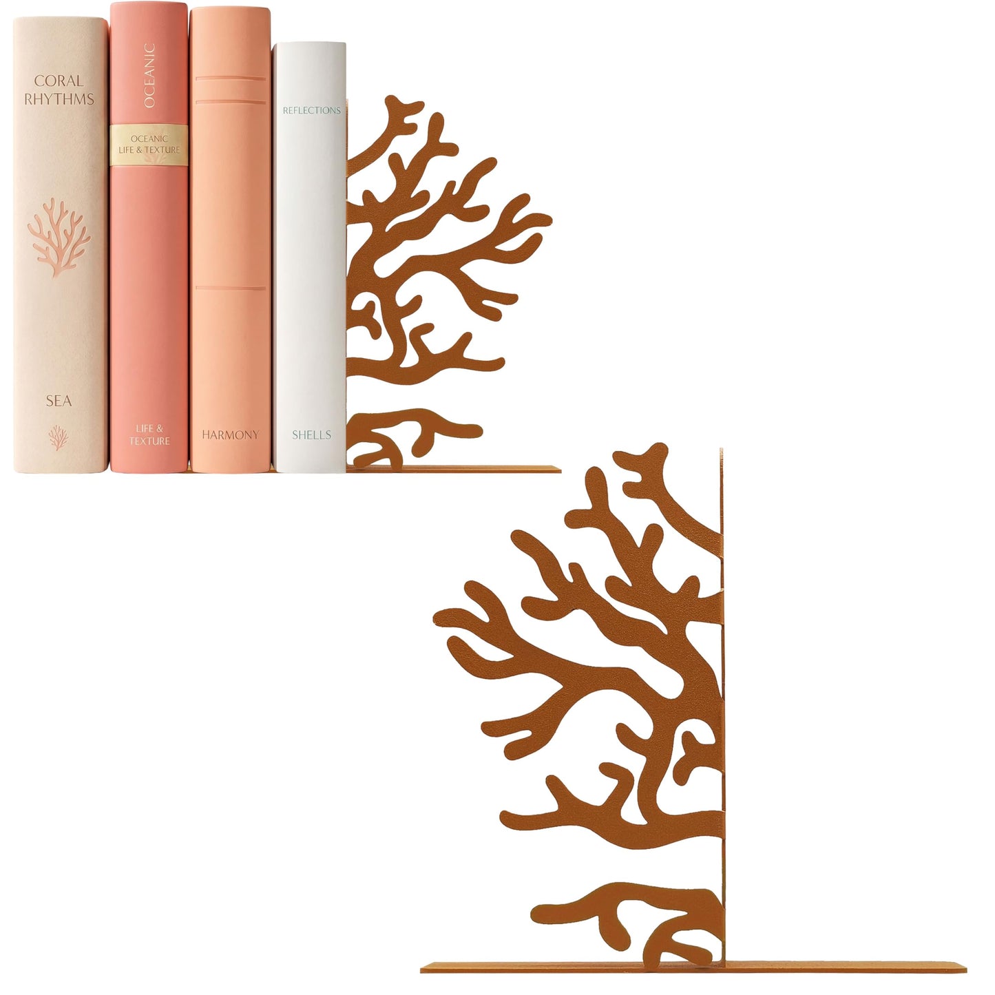 Zckjnoi Brown Metal Coral Reef Decorative Bookends, Unique Coastal Book Ends for Bookshelf Desk Bedroom Living Room Home Office Decors, Nautical Sea Heavy Duty Non Slip Books Holders
