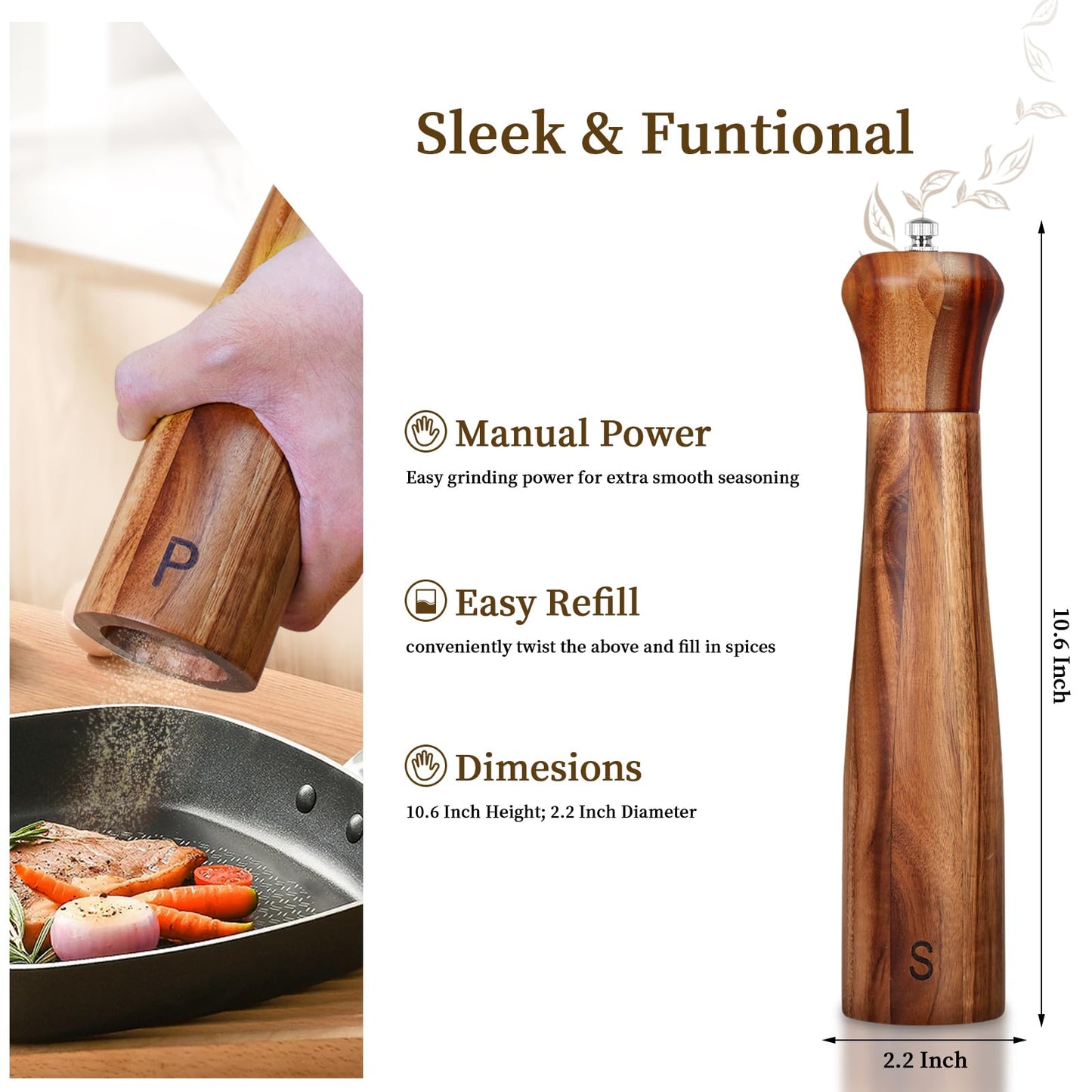Haomacro 2 Pack 10 Inch Acacia Wooden Salt and Pepper Grinder Set, Manual Salt and Pepper Mills, Salt Grinder Refillable with Adjustable Coarseness, Ceramic/Stainless Steel Core Tableware Gifts