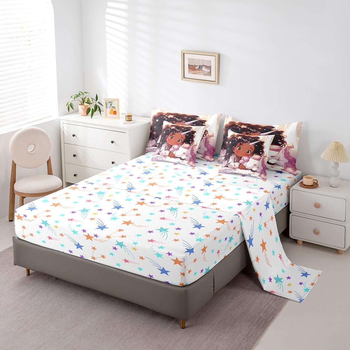 Cute Black Girl 7Pcs Comforter Set Full Size,Unicorn Bedding Sets for Kids Girls Boys,Africa Style American Bed in a Bag Dreamy Stars Fitted Sheet Flat Sheet,2 Throw Pillow 2 Pillowcases