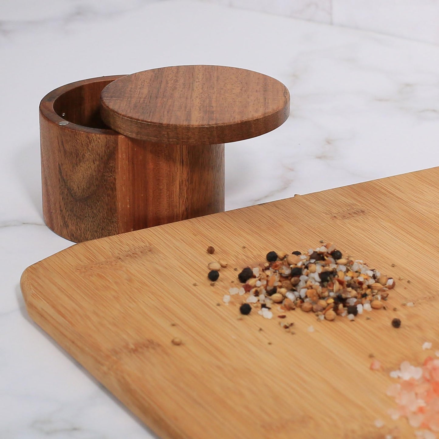 MeowAroma Salt Cellar with Lid, 1 Cup Acacia Wood Salt Container with Swivel Cover for Spice/Herbs/Seasonings, Wooden Salt Holder Box for Charcuterie/Kitchen, 8.5 oz