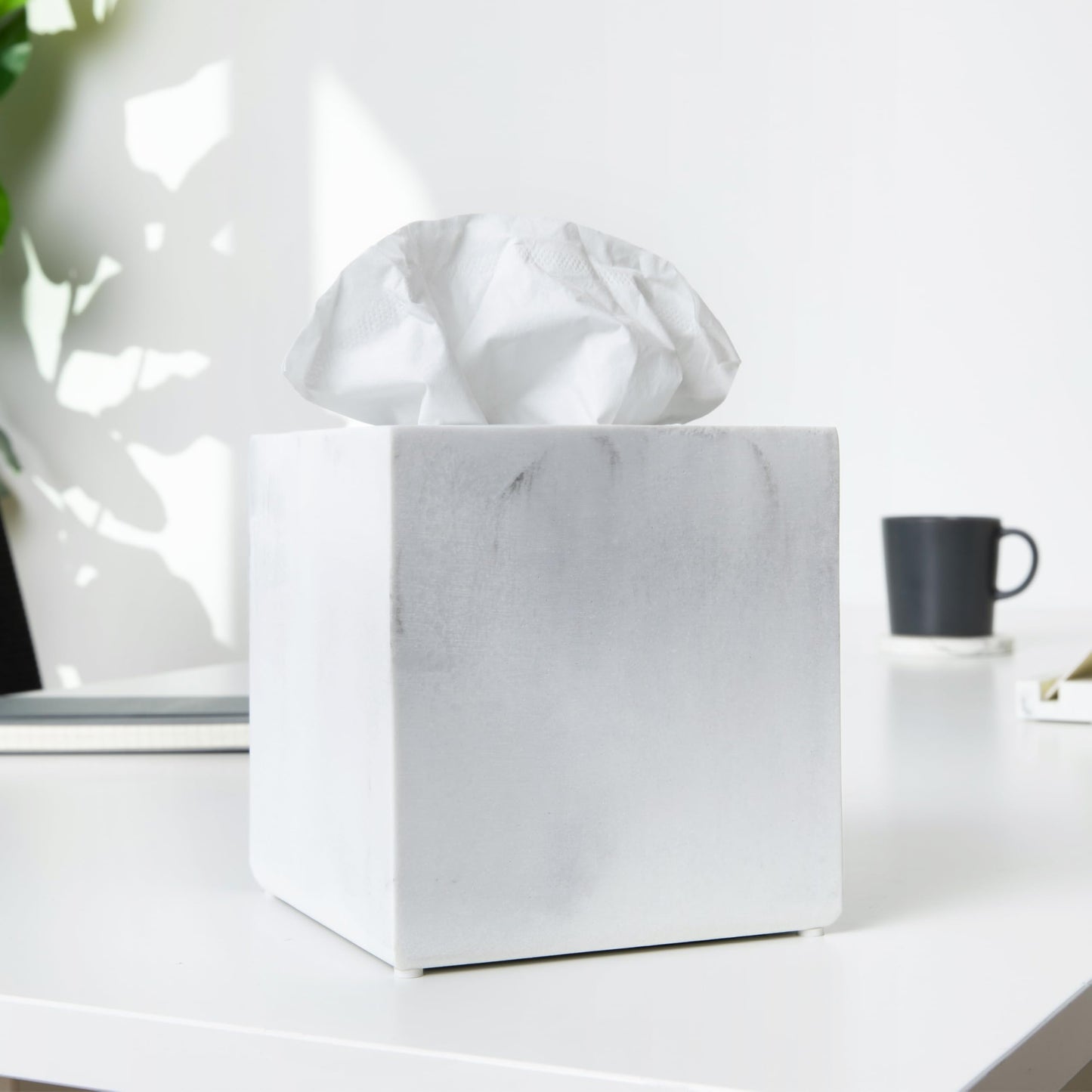 Essentra Home White Marble Square Tissue Box Cover - Blanc Collection