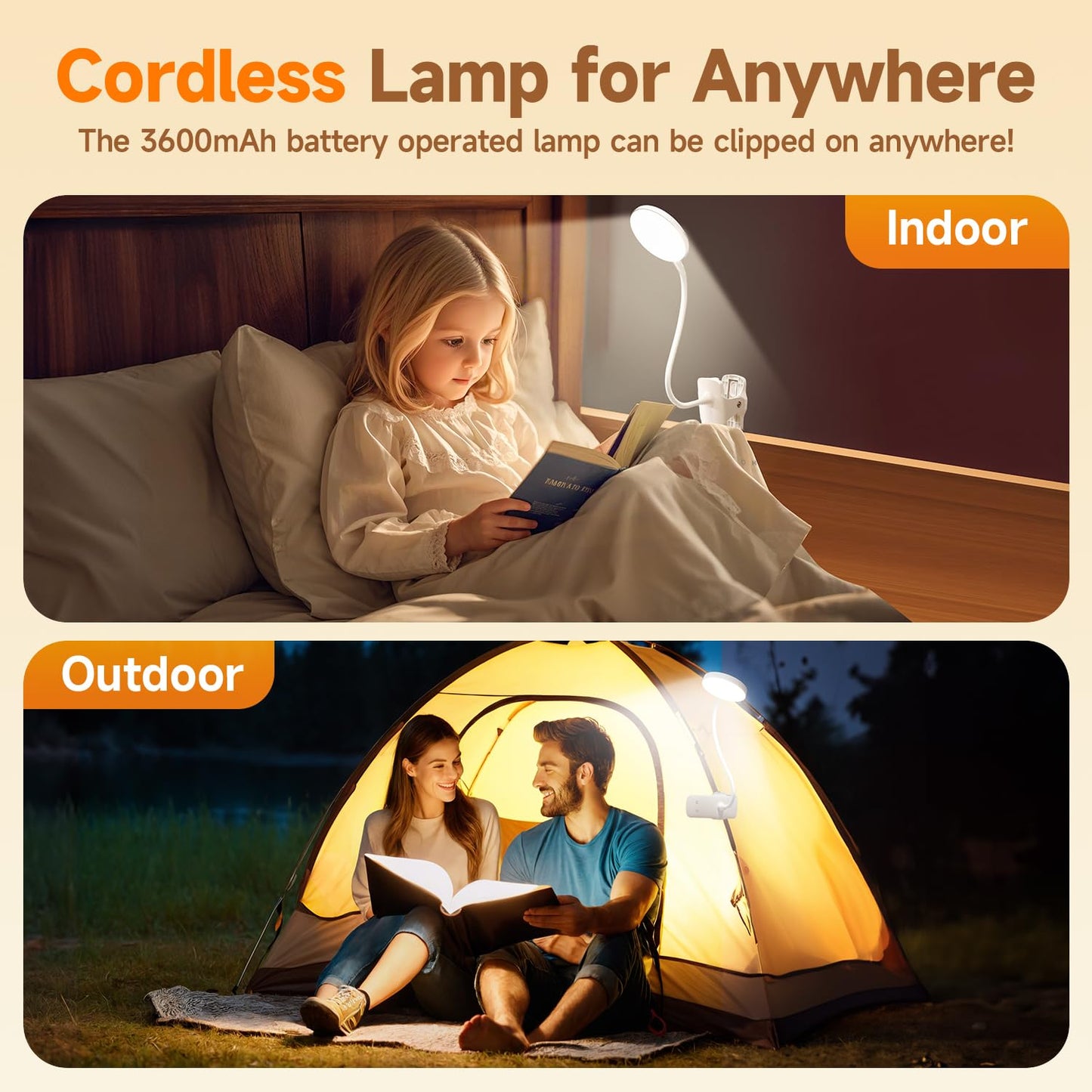 One Fire Reading Lights for Books in Bed, 3600 mAh Rechargeable Lamp, 5 Brightness/5 Colors/Memory Clip on Light, 360° Flexible Reading Lamp, 400LM+36 LED Clip On Reading Light, University Essentials