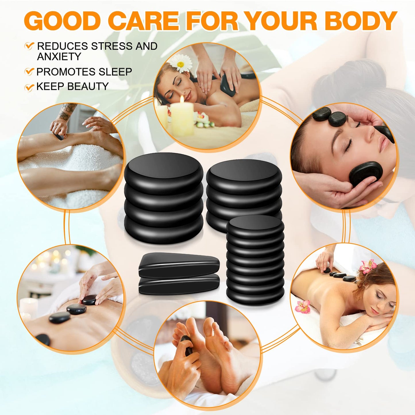 Yunsailing 18 Pcs Hot Stones Massage Set Black Smooth Massage Hot Stones Bianstone Set for Home Spa Warming Relaxing Pain Relief