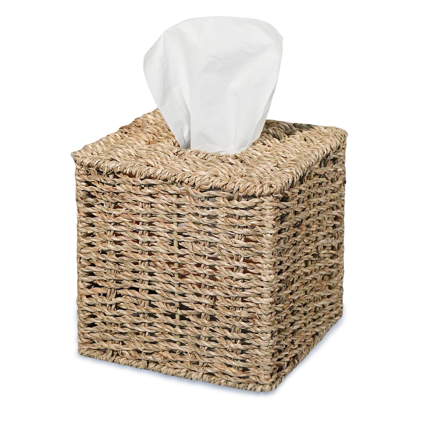 PINXIURY Seagrass Handwoven Wicker Tissue Box Cover, Natural Handmade Napkin Box Holder, Handcrafted Square Facial Tissue Holder for Bathroom, Rustic Decorative on Table and Bathroom,Boho Decorative