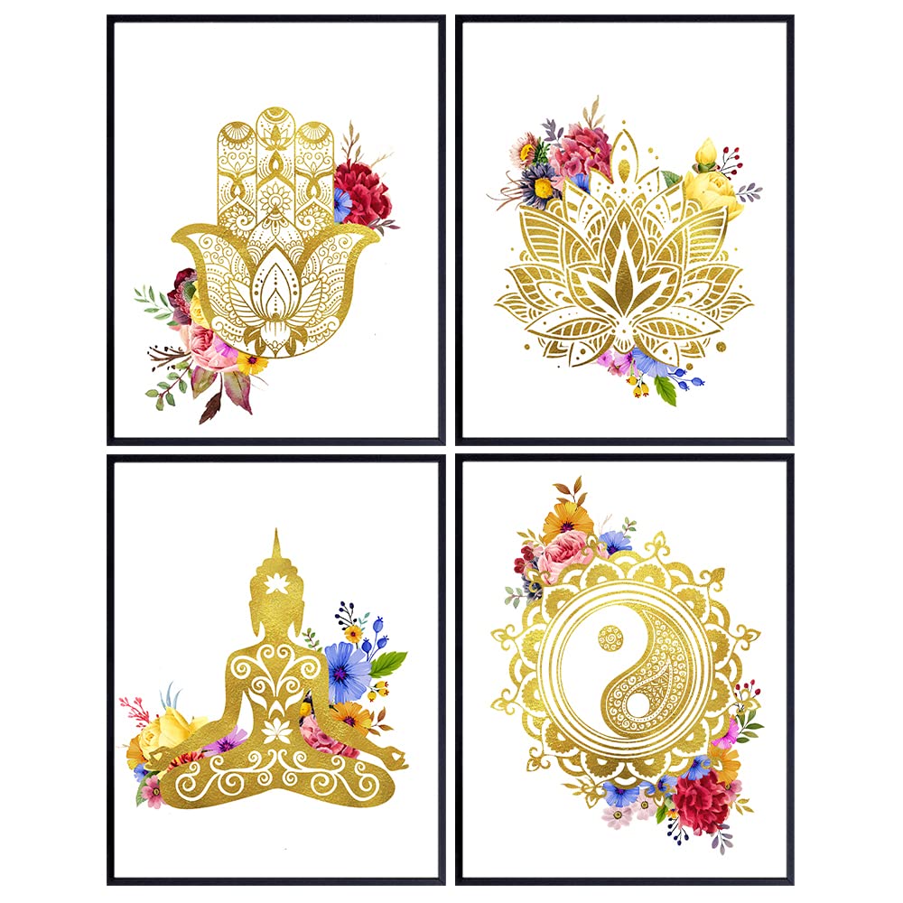 Floral Zen Decor, Wall Art Set - Spiritual New Age Gift Yoga, Buddhism, Buddha, Buddhist, Meditation Fans - Spa Wall Decor, Decoration for Living Room, Bedroom, Bathroom - 8x10 Poster Prints UNFRAMED
