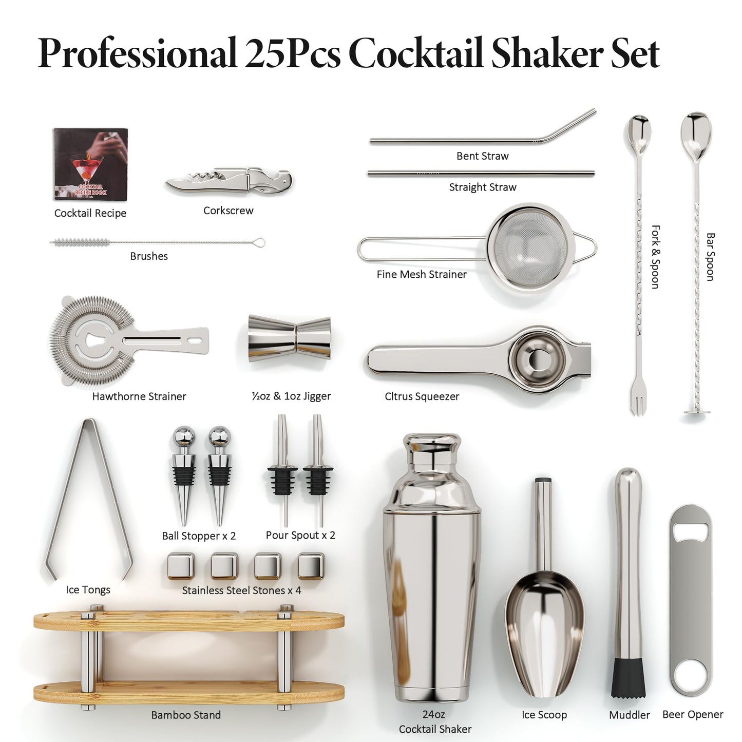 EffiQ-Rate Cocktail Shaker Set, 25-Piece Stainless Steel Bartender Kit with Wood Organizer Stand & Cocktail Recipes, Professional Bar Mixology Tools with All Essential Accessories for Drink Mixing