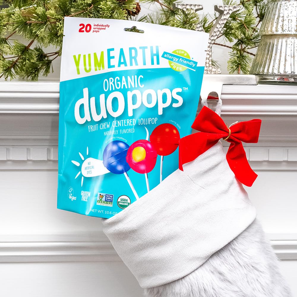 YumEarth Organic Duo Pops, Lollipops with Fruit Chew Centers - Allergy Friendly (Top 9 Free), No Artificial Dyes or Flavors, Non GMO, Gluten Free, Vegan Candy Snacks - 20 Individually Wrapped Pops